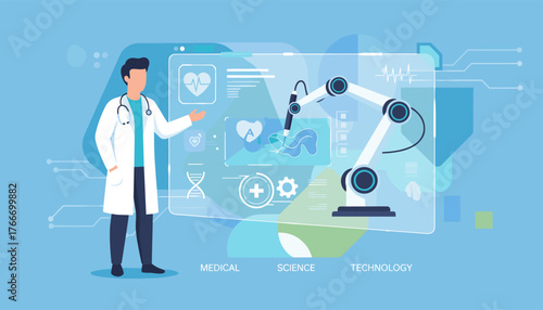 Modern doctor in white coat with stethoscope interacting with futuristic holographic interface displaying medical icons like heart rate, DNA, and a robotic arm performing surgery, symbolizing