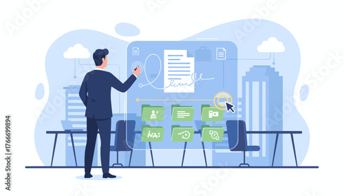 Modern businessman in a suit interacting with a futuristic digital interface displaying documents, folders, and icons, representing paperless office concepts and electronic signatures in a
