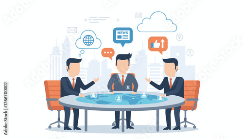 Flat design illustration of businessmen in a meeting discussing social network news and global connections, with icons representing communication, cloud technology, and social media engagement, set