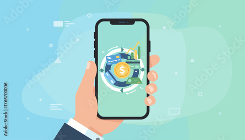 Modern flat design illustration of a hand holding a smartphone displaying a circular infographic with financial elements like credit cards, dollar coin, money, and growth chart, symbolizing digital
