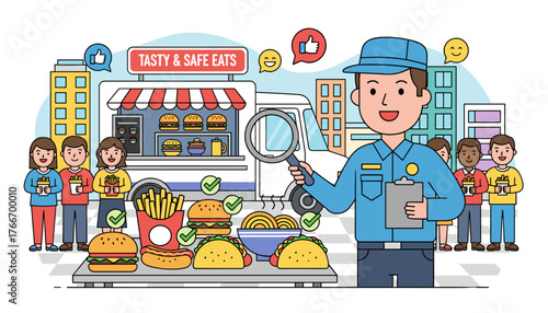 Vibrant vector illustration depicting a food quality control inspector examining a food truck with a magnifying glass, ensuring tasty and safe eats for happy customers, symbolizing food safety and