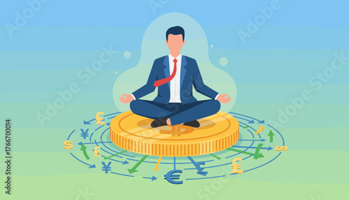 Calm businessman in lotus pose meditating on a giant gold coin, surrounded by currency symbols and arrows indicating financial flow, representing financial wisdom, investment strategy, and economic