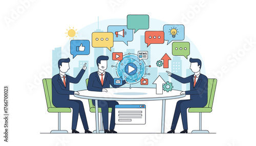 Flat style illustration of businessmen collaborating around a table, discussing social network news and global communication, with icons representing ideas, likes, messages, and growth, set against a