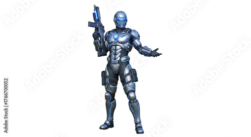 Futuristic soldier in advanced armor stands ready, weapon in hand, on a stark, minimalist transparent background.