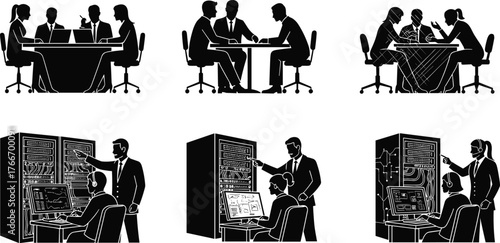 Business meeting, technical teamwork, IT collaboration, professional planning, server management, corporate discussion, cad drawing flat vector illustration