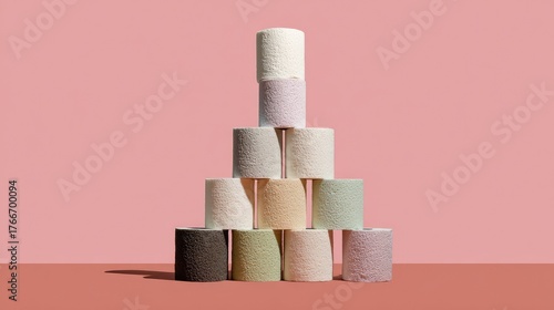Aesthetic Arrangement of Soft Colored Decorative Objects Displayed in a Structured Pyramid Shape on a Minimalist Pink Background for Artistic Visuals