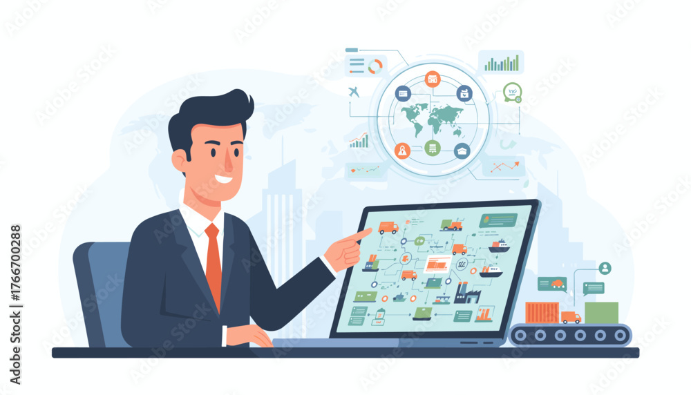 Fototapeta premium Modern logistics and transport concept with a businessman analyzing a global supply chain network on a laptop, featuring trucks, ships, factories, and shipping containers, illustrating efficient