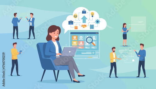 Diverse group of professionals collaborating and using technology for job search and career development, featuring a woman on a laptop, people interacting with digital interfaces, and cloud computing