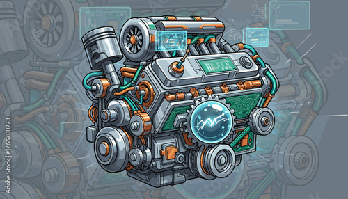 Detailed illustration of a complex automobile engine, showcasing intricate mechanical components, pistons, gears, and futuristic holographic displays, rendered in a vibrant, polished style, perfect