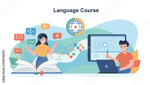 Modern flat vector illustration of a language course and e-learning concept, featuring a woman with headphones and an open book, and a man with a laptop and tablet, symbolizing online education and