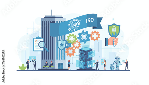 Modern business concept illustration of ISO standards, quality control, assurance, and warranty with people, robots, gears, data servers, and security shields, symbolizing efficiency and global