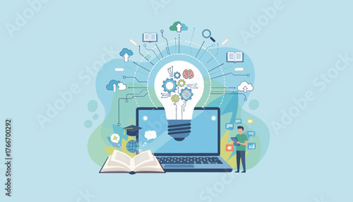 Vibrant illustration of a glowing light bulb symbolizing innovation and inspiration, connected to a laptop computer, surrounded by educational icons like books, graduation cap, and globe