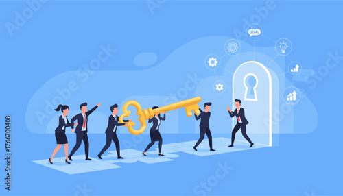 Symbolic key to success, representing teamwork and collaboration, with diverse individuals working together in unity to achieve a common goal, illustrating the power of collective effort and shared