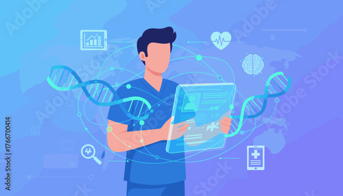 Futuristic medical technology network concept with a doctor holding a transparent tablet displaying patient data, surrounded by DNA strands, brain scans, heartbeats, and global map elements