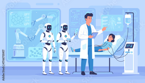 Advanced medical technology concept: Doctor utilizes AI robots and futuristic holographic displays for patient diagnosis and treatment, showcasing innovation in healthcare and robotic assistance in a