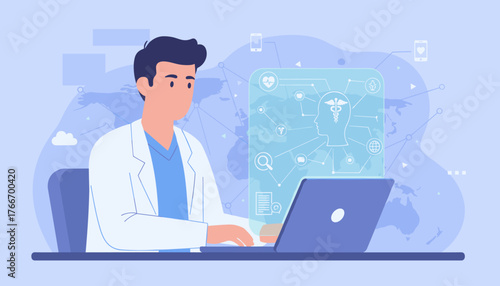 A male doctor in a white coat sits at a desk, typing on a laptop, with a holographic interface displaying medical icons and a silhouette of a head with a caduceus symbol, representing telemedicine
