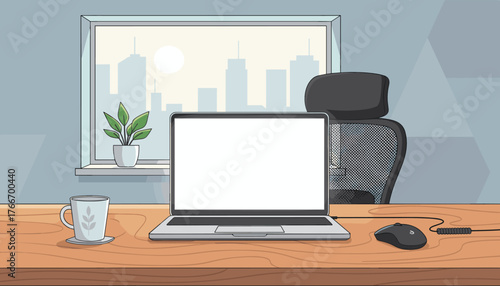 Modern office scene with a laptop featuring a blank white screen, a coffee mug, and a mouse on a wooden desk, overlooking a cityscape through a window with a potted plant, symbolizing remote work and