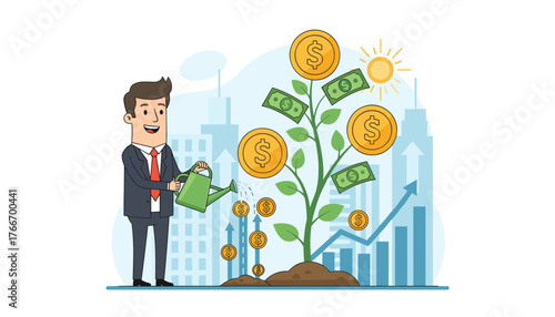 Cartoon businessman watering a money tree with coins and banknotes growing on branches, symbolizing financial growth, investment, profit, and retirement savings, set against a backdrop of city