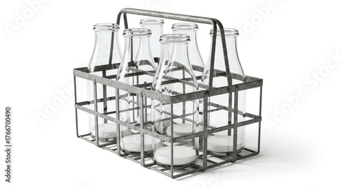 A metal carrier holding six clear glass milk bottles with white caps, isolated on a white background.