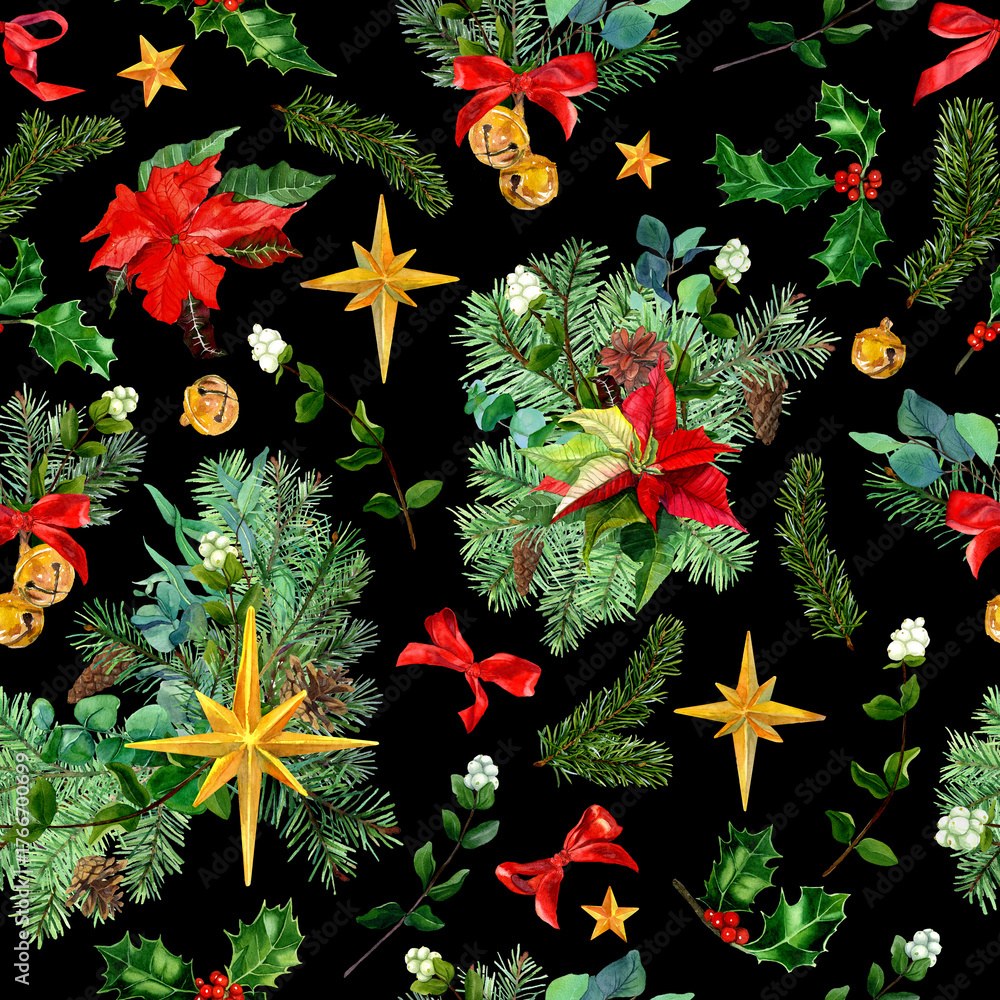 Obraz premium Winter Christmas seamless pattern with poinsettia and gold bells. Watercolor drawn spruce with cones, red bows, golden stars. Holiday wrapping paper template. Decor for textile, covers, fabric.