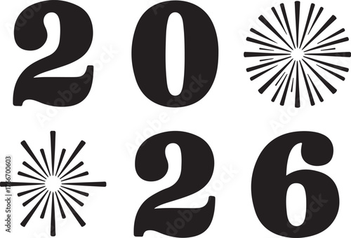 Modern New Year Celebration with Starbursts and 2026 Year Digits Graphic Icon Set