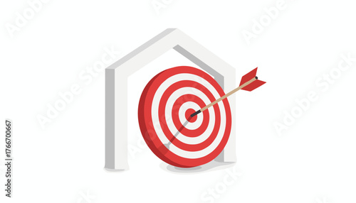 A striking visual metaphor for achieving goals, this image features a vibrant red and white bullseye target with a perfectly placed red arrow hitting the bullseye, set against a clean white