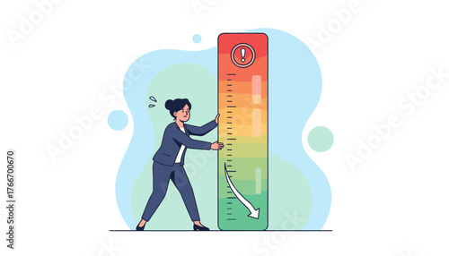 A worried businesswoman struggles to push down a meter that indicates a high risk or stress level, with an arrow pointing downwards, symbolizing reduction of danger or anxiety.