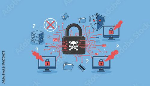 Cybersecurity threat concept: A central padlock with a skull and crossbones symbol, connected by red circuit lines to multiple computers displaying padlocks, a broken shield with an angry face