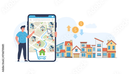 Man using a smartphone app to browse houses for sale, with a row of colorful houses and coins indicating investment and financial growth in real estate, symbolizing property search and online