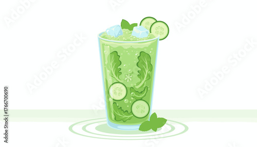 Vibrant and refreshing green detox smoothie in a tall glass, garnished with ice cubes, mint leaves, and cucumber slices, showcasing healthy ingredients and a clean, crisp beverage perfect for a