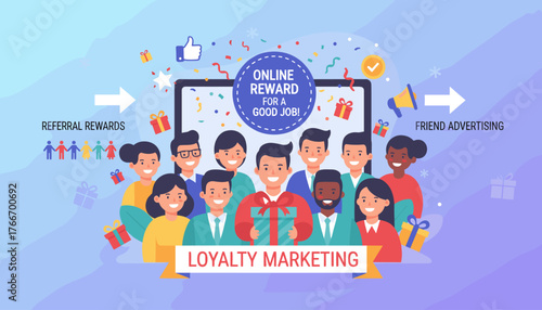 Loyalty marketing concept with a diverse group of happy people receiving online rewards and referral bonuses, symbolizing friend advertising and employee appreciation for good job performance