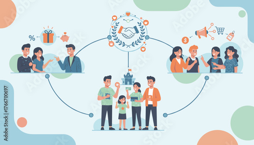 Referral marketing concept illustration with diverse people, handshake symbol, gift box, piggy bank, megaphone, shopping cart, and price tag, representing customer loyalty and business growth