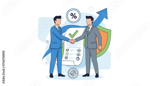 Two businessmen in suits shaking hands, symbolizing a successful service level agreement (SLA) commitment or support, with a checkmark, percentage sign, upward arrow, and shield graphic, representing