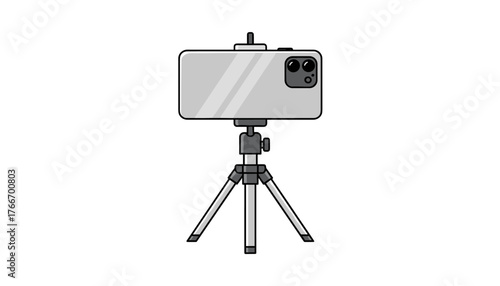 Modern smartphone with dual camera system mounted on a compact tripod, isolated on a clean white background, symbolizing mobile photography, content creation, and technology.