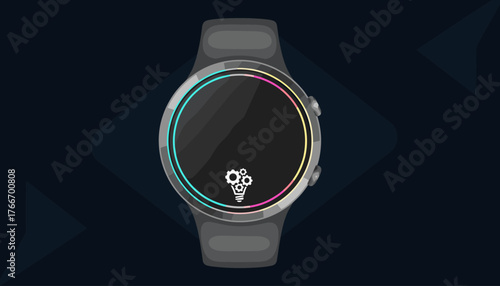 Modern smartwatch with a blank dark screen and a colorful bezel, featuring a white icon of a lightbulb composed of gears, set against a dark blue background with subtle geometric patterns