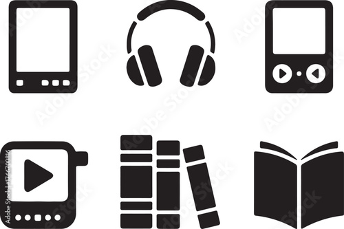 Electronic Devices Icons Tablet Headphones Player Books Reader Black on Transparent
