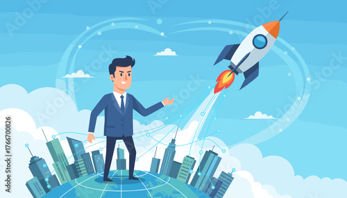 Startup business concept: a determined businessman in a suit stands on the globe, gesturing towards a rocket launching into the sky, symbolizing growth, innovation, and global expansion, with city