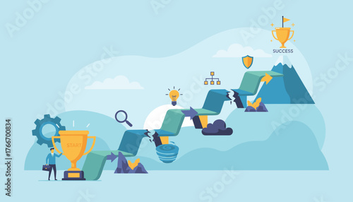 Strategic planning concept illustration: A winding, broken path leading from a 'Start' trophy and gear to a mountain peak with a 'Success' trophy, symbolizing challenges, ideas, and achievement in