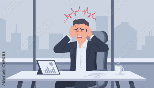 Stressed mid-adult businessman suffering from a severe headache, clutching his temples in frustration while sitting at his desk in a modern office with a cityscape visible through the window, a
