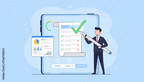 Modern flat illustration of a businessman in a suit holding a large pen, completing a digital survey or checklist on a tablet screen, with progress charts and evaluation options, symbolizing business