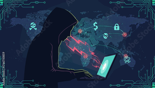 Silhouette of a hooded hacker preparing a global cyber attack, with a laptop, world map, digital circuits, and various threat icons like skull and crossbones, dollar sign, lock, and masked face