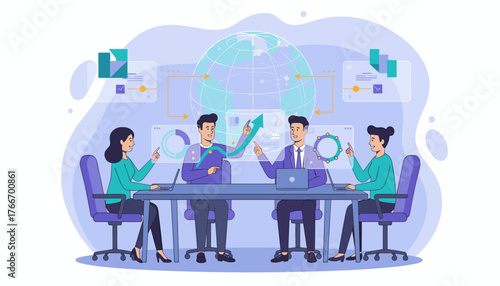 Diverse business team collaborating around a table, analyzing global data and charts projected on screens, symbolizing strategic planning, teamwork, and innovative solutions for international