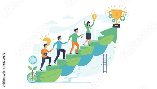 Vibrant illustration depicting a team of diverse professionals ascending a staircase formed by large green leaves, symbolizing sustainable growth and long-term success, culminating in a golden trophy