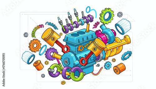 Exploded view of a colorful, cartoon-style car engine, showcasing pistons, crankshaft, spark plugs, turbocharger, gears, and air filters, presented against a clean white background with schematic