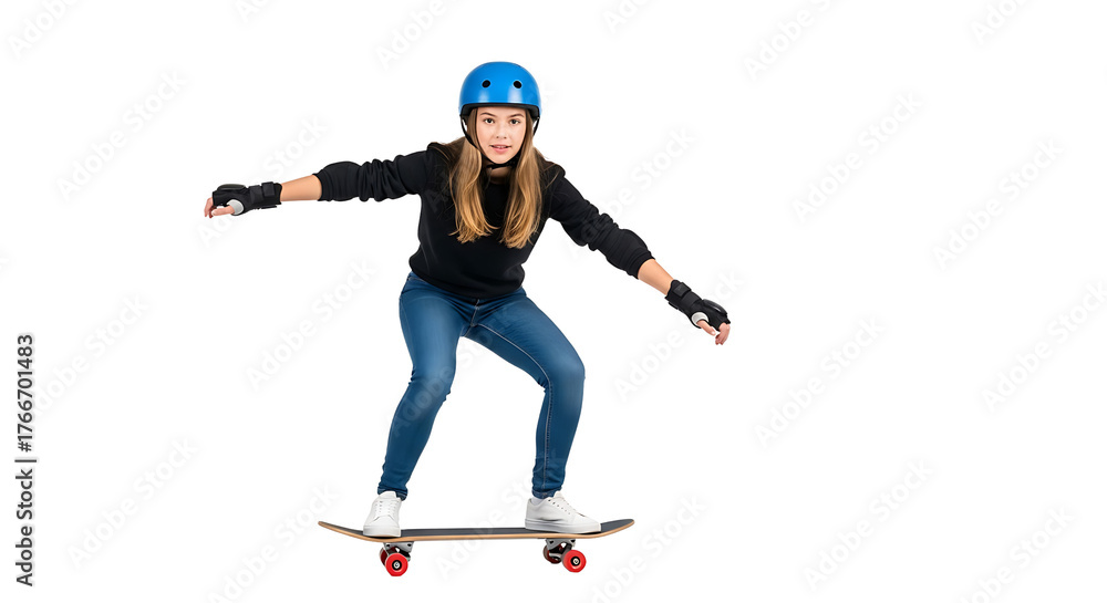 Obraz premium Enthusiastic skater glides along, poised on skateboard wearing protective gear, ready for any trick and adventure ahead.