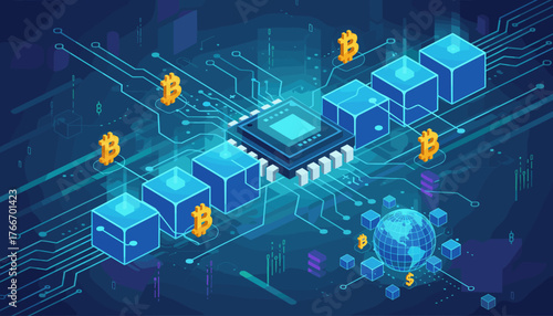Abstract isometric illustration of blockchain technology and Bitcoin cryptocurrency, featuring a central processor chip connected by glowing blue circuits to interconnected cubes and golden Bitcoin