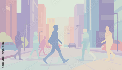 Softly blurred silhouettes of diverse people walking across a sun-drenched city street, with pastel-colored buildings and cars creating a dreamlike, urban atmosphere, symbolizing movement and daily
