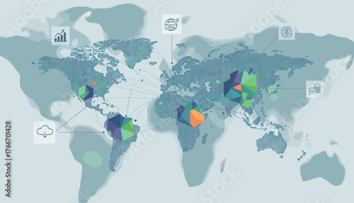 Global Big Data Analytics and Business Intelligence Concept with interconnected charts, graphs, cloud, brain, and coin icons overlaid on a dotted world map, symbolizing international data flow and