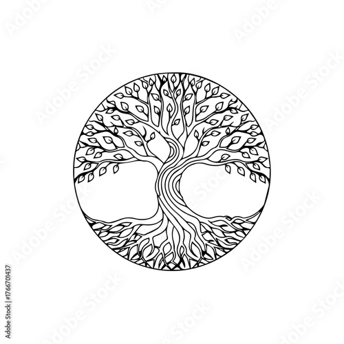 A detailed black and white illustration of a Tree of Life, symbolizing growth, connection, and eternity