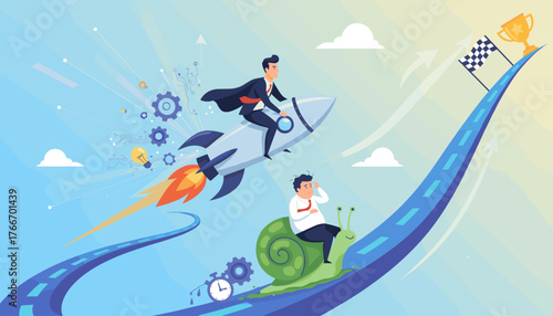 Vivid illustration of a businessman in a suit riding a rocket, symbolizing rapid business growth and success, leaving behind a slower competitor on a snail, heading towards a checkered flag and